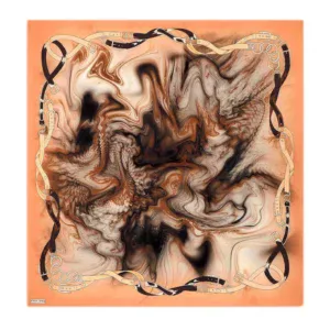 Intricate abstract art with swirling patterns in shades of brown, beige, and black, framed by a detailed chain design in beige and black on a soft peach background.
