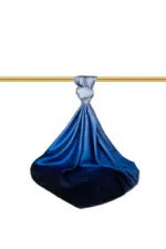 Luxury silky blue and silver fabric tied to a gold rod, elegant draped cloth for display or decoration, showcasing Turkish textiles and craftsmanship for online shopping from Turkey.