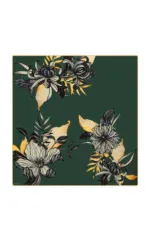 Elegant floral artwork featuring black, cream, and mustard yellow flowers with lush green leaves on a dark green background, perfect for home decor or art collection.