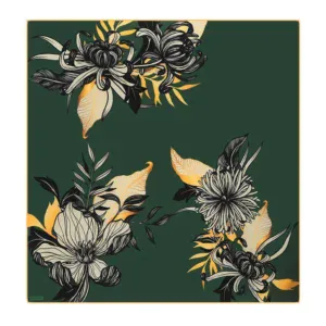 Elegant floral artwork featuring black, cream, and mustard yellow flowers with lush green leaves on a dark green background, perfect for home decor or art collection.