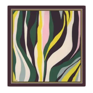 Vibrant abstract scarf with colorful wavy stripes in green, yellow, pink, gray, and black on a dark border, ideal for stylish accessories.