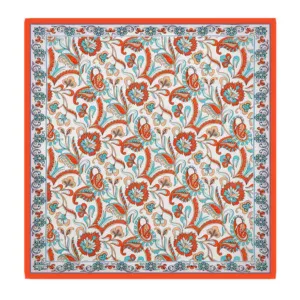 Intricate floral Turkish towel with vibrant red, blue, and beige patterns, perfect for home decor or beach accessories.