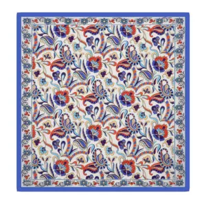 Vibrant Turkish floral patterned scarf with intricate blue, red, and beige designs, perfect for adding a touch of cultural elegance to any outfit.