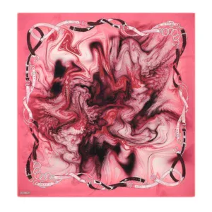 Colorful abstract art with pink, black, and white swirling patterns framed by a chain design, showcasing modern artistic expression and vibrant aesthetics.