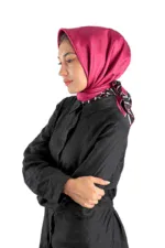 Elegant woman wearing a vibrant pink satin headscarf with a stylish black blouse, showcasing Turkish fashion and accessories. Perfect for shopping from Turkey with fast shipping options.
