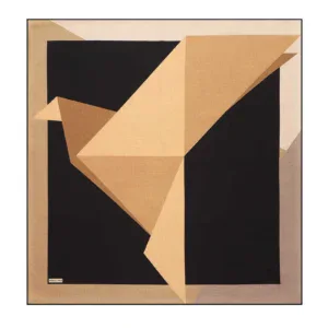Geometric abstract artwork featuring folded paper-like shapes in tan and beige tones against a black background, exemplifying modern minimalist design.
