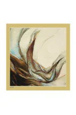 Vibrant abstract artwork featuring flowing earth tones with hints of blue and green, framed with a gold border, showcasing dynamic movement and artistic expression.