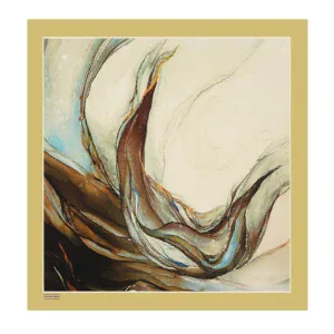 Vibrant abstract artwork featuring flowing earth tones with hints of blue and green, framed with a gold border, showcasing dynamic movement and artistic expression.