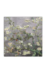 Delicate white blossoms on gnarled green branches against a soft grey background, inspired by Van Gogh's famous painting "Almond Blossoms," perfect for art lovers and home decor.
