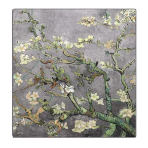 Delicate white blossoms on gnarled green branches against a soft grey background, inspired by Van Gogh's famous painting "Almond Blossoms," perfect for art lovers and home decor.
