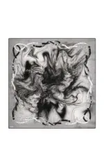 Colorful abstract art with swirling black, white, and gray patterns, framed by a rope design that resembles a chain. The artwork features a marbled background creating a dynamic and mesmerizing visual effect.