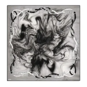 Colorful abstract art with swirling black, white, and gray patterns, framed by a rope design that resembles a chain. The artwork features a marbled background creating a dynamic and mesmerizing visual effect.