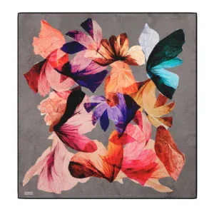 Vivid abstract floral artwork featuring colorful paper-like petals arranged in a dynamic pattern on a gray background. Perfect for modern home decor and art enthusiasts.