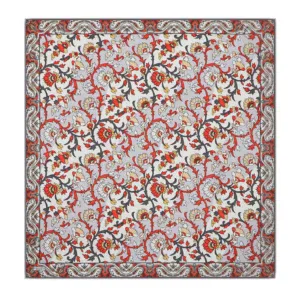 Intricate floral and vine pattern carpet with red, black, beige, and light blue colors, showcasing traditional Turkish design and craftsmanship. Perfect for adding elegance to any living space.