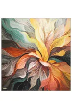 Vibrant abstract floral artwork with flowing, multi-colored petal patterns in shades of orange, yellow, gray, teal, and black, creating a dynamic and eye-catching design.