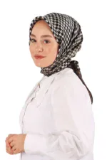 Silk patterned hijab, woman wearing silk houndstooth scarf, fashionable head covering for women.