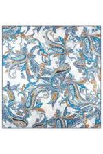 Elegant paisley patterned fabric featuring intricate blue, white, and orange designs, perfect for stylish home décor or fashion accessories.