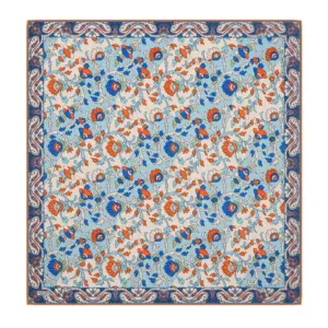 Vibrant Turkish floral patterned rug featuring blue, orange, and white colors, traditional design, perfect for adding an authentic touch to home decor or as a collectible item.
