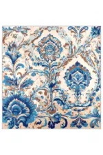 Blue and beige floral patterned Turkish rug with intricate design, perfect for home decor and adding elegance to living spaces.