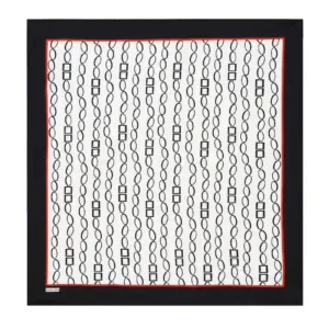 Black and white patterned scarf with geometric designs, framed with a red border, ideal for stylish accessories and versatile fashion wear.
