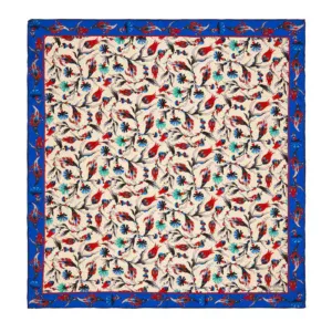 Intricately designed Turkish textile with floral and bird patterns, featuring vibrant red, blue, black, and turquoise colors, framed by a matching decorative border. Perfect for home decor or as a traditional gift.
