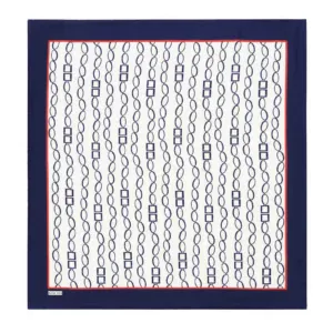 Shawl with geometric pattern of interconnected loops and squares, featuring a stylish navy, white, and red border, perfect for adding elegance to any outfit.