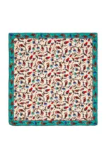 Vivid Turkish floral silk scarf with intricate bird and leaf patterns, featuring vibrant red, blue, and green colors, perfect for elegant accessories and cultural style.