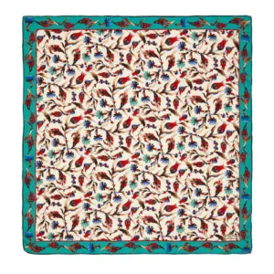 Vivid Turkish floral silk scarf with intricate bird and leaf patterns, featuring vibrant red, blue, and green colors, perfect for elegant accessories and cultural style.