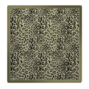 Leopard print silk scarf with black spots and beige background, elegant accessory for fashion and style.