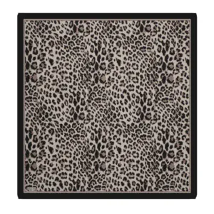 Leopard print scarf with black border, featuring a bold animal pattern in shades of beige, black, and taupe, perfect for stylish accessories from Turkey.