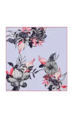 Bold floral illustration featuring large, detailed black and white flowers accented with pink leaves on a pastel purple background. Perfect for stylish home decor or art enthusiasts.