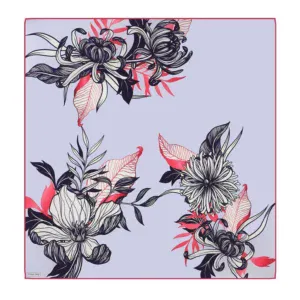 Bold floral illustration featuring large, detailed black and white flowers accented with pink leaves on a pastel purple background. Perfect for stylish home decor or art enthusiasts.