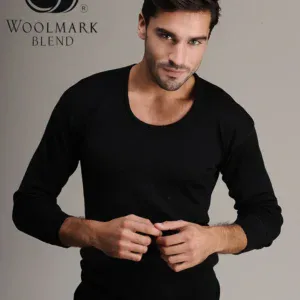 Woolmark Blend logo and a stylish man wearing a black wool blend sweater, emphasizing quality and fashion.