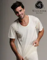 Soft ivory men's T-shirt made from premium woolmark certified blend, featuring a comfortable fit and stylish design, perfect for casual wear or lounging at home.