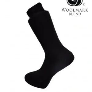 Black Woolmark Blend sock isolated on white background, high-quality Turkish cotton blend, comfortable and durable for everyday wear.