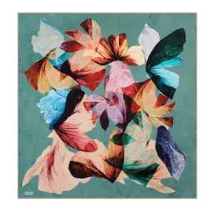Vibrant abstract floral artwork featuring layered, multicolored flower petals set against a textured teal background, ideal for modern home decor and art enthusiasts.
