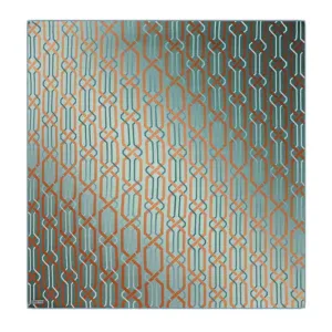 Intricate geometric patterned ceramic tile with a mix of teal, copper, and beige colors, perfect for stylish interior or exterior decor.