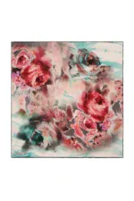 Vibrant abstract floral painting featuring bold pink, red, and teal hues with a soft watercolor effect, perfect for modern home decor and artistic wall art.