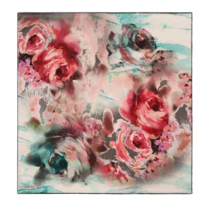 Vibrant abstract floral painting featuring bold pink, red, and teal hues with a soft watercolor effect, perfect for modern home decor and artistic wall art.