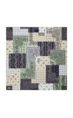 Colorful patchwork bandana with paisley and polka dot patterns, vibrant shades of green, navy, black, and white, perfect for fashion accessories or decorative uses.