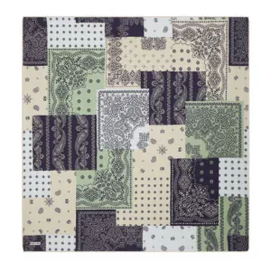 Colorful patchwork bandana with paisley and polka dot patterns, vibrant shades of green, navy, black, and white, perfect for fashion accessories or decorative uses.