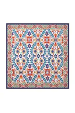 Vivid Turkish ceramic tile with intricate floral and geometric patterns in blue, red, orange, and cream, showcasing traditional craftsmanship and vibrant design.
