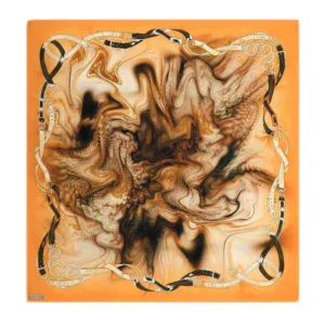 Marbled abstract artwork with a chain pattern border in black, white, and beige tones on an orange background, showcasing modern design and vibrant color contrast.