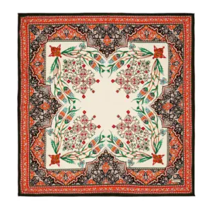 Colorful Turkish decorative scarf with intricate floral and geometric patterns, featuring vibrant reds, blacks, greens, and whites, perfect for adding a touch of Turkish culture to any outfit or home decor.