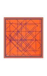 Colorful geometric patterned scarf with orange background and blue line accents, perfect for fashionable accessories and elegant style.
