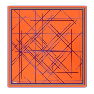 Colorful geometric patterned scarf with orange background and blue line accents, perfect for fashionable accessories and elegant style.