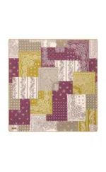 Colorful patchwork bandana scarf with paisley and geometric patterns in purple, beige, white, and yellow. Perfect accessory for casual or boho style outfits.