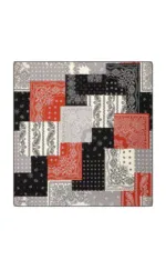 Colorful bandana patchwork scarf with black, white, and red paisley designs, perfect for fashion accessory or casual wear.