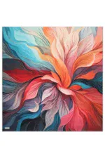 Vibrant abstract floral artwork with flowing petal shapes in shades of blue, pink, orange, and black, creating a dynamic and colorful visual impression.