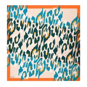 Brightly colored animal-print silk scarf featuring bold blue, orange, black, and beige patterns, perfect for adding a stylish touch to any outfit, available for quick shipping from Turkey.